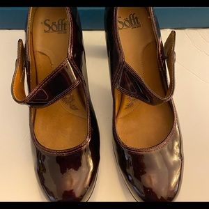 Sofft - Burgundy patent leather Mary Jane heels.